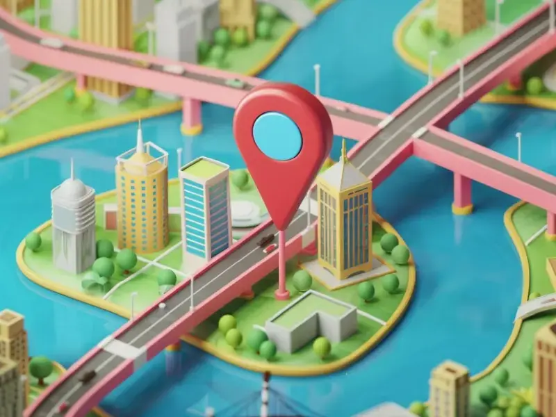 Cartoon city map with red pin marks spot where businesses find more visitors after adding listings to our business directory